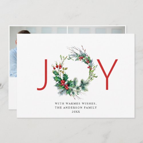 JOY Festive Holly Berry Wreath Christmas Greeting Holiday Card