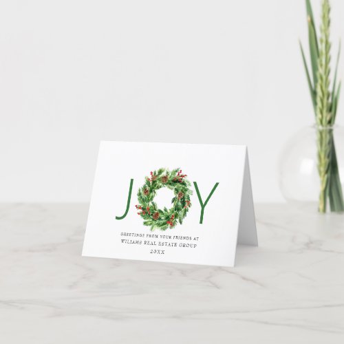 JOY Festive Holly Berry Wreath Christmas Greeting Holiday Card