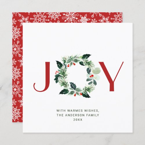 JOY Festive Holly Berry Wreath Christmas Greeting Holiday Card