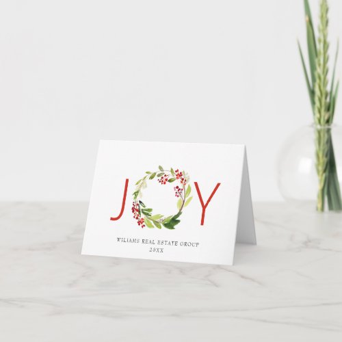 JOY Festive Holly Berry Wreath Christmas Greeting Holiday Card