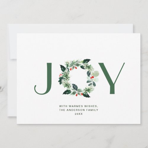 JOY Festive Holly Berry Wreath Christmas Greeting Holiday Card