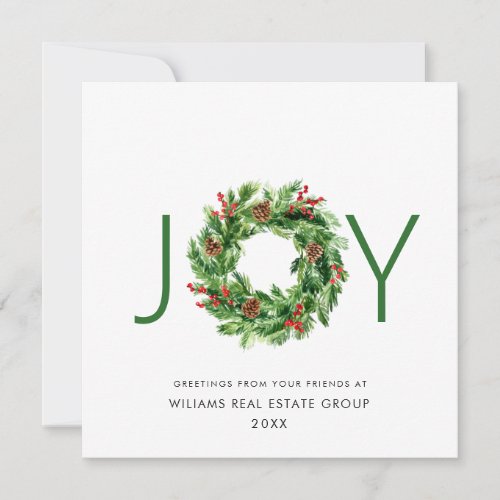 JOY Festive Holly Berry Wreath Christmas Greeting Holiday Card