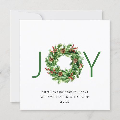 JOY Festive Holly Berry Wreath Christmas Greeting Holiday Card