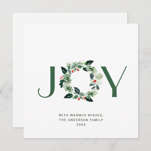 JOY Festive Holly Berry Wreath Christmas Greeting Holiday Card