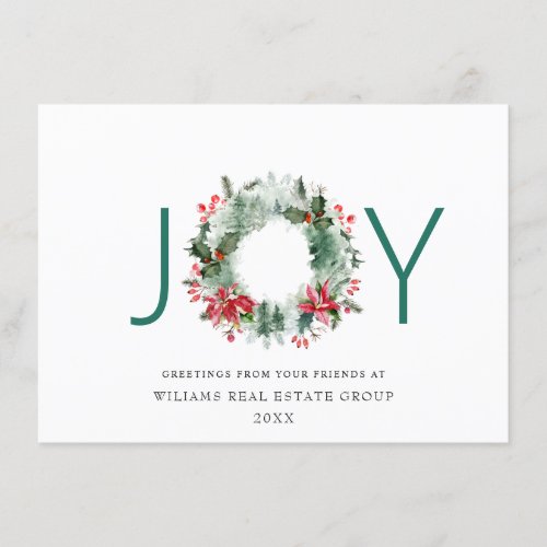 JOY Festive Holly Berry Wreath Christmas Greeting Holiday Card