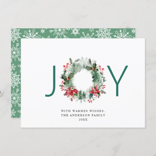 JOY Festive Holly Berry Wreath Christmas Greeting Holiday Card