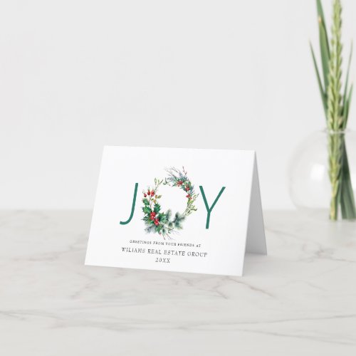 JOY Festive Holly Berry Wreath Christmas Greeting Holiday Card