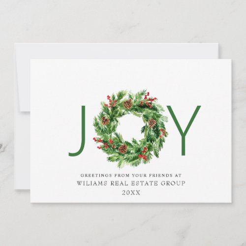 JOY Festive Holly Berry Wreath Christmas Greeting Holiday Card