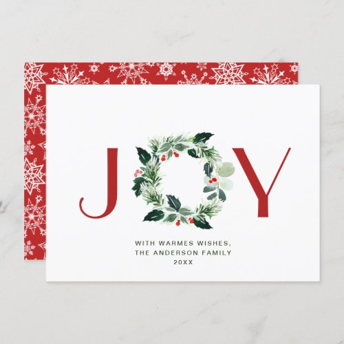 JOY Festive Holly Berry Wreath Christmas Greeting Holiday Card