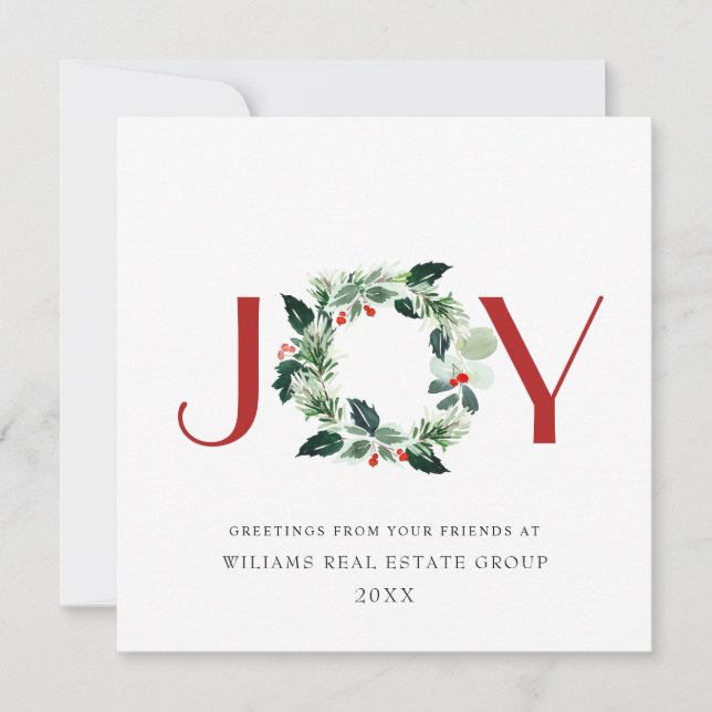 JOY Festive Holly Berry Wreath Christmas Greeting Holiday Card (Front)