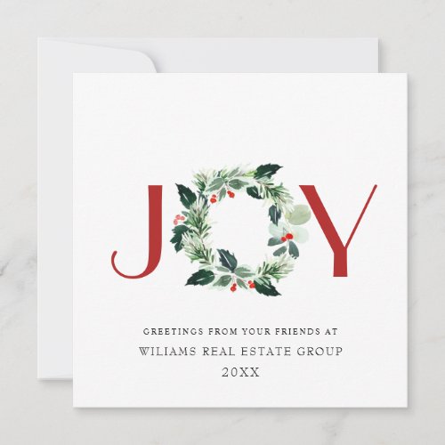 JOY Festive Holly Berry Wreath Christmas Greeting Holiday Card