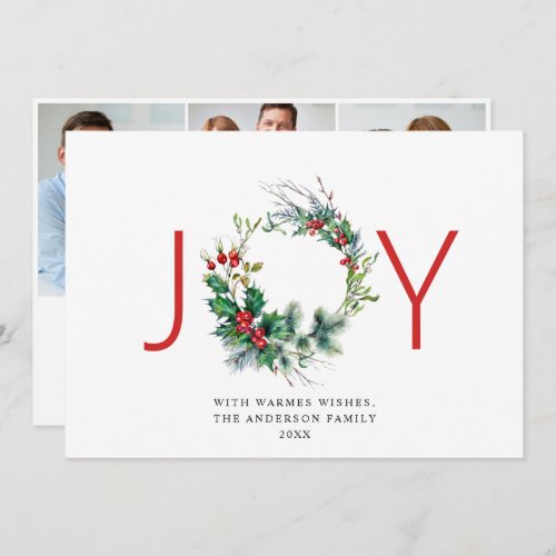 JOY Festive Holly Berry Wreath Christmas Greeting Holiday Card