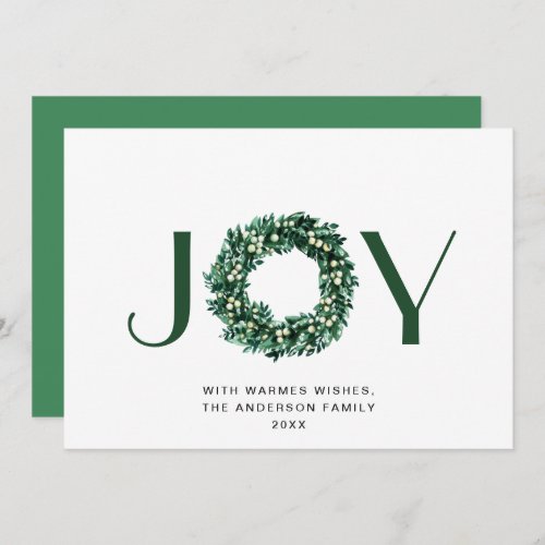 JOY Festive Holly Berry Wreath Christmas Greeting Holiday Card