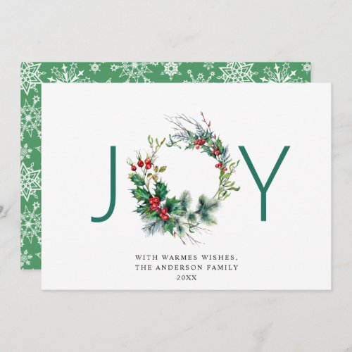 JOY Festive Holly Berry Wreath Christmas Greeting Holiday Card