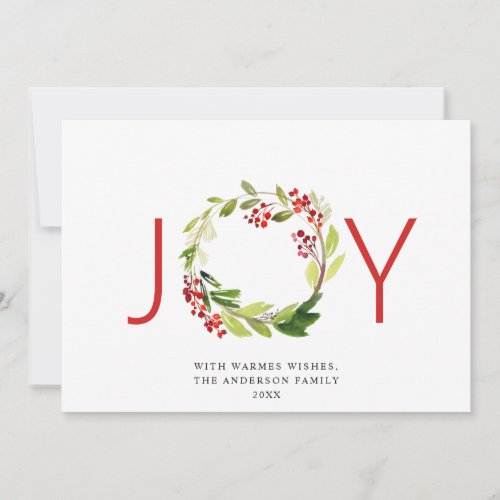 JOY Festive Holly Berry Wreath Christmas Greeting Holiday Card