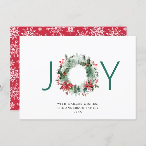 JOY Festive Holly Berry Wreath Christmas Greeting Holiday Card