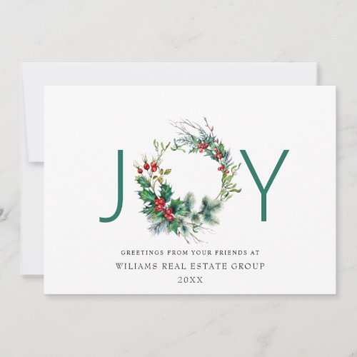 JOY Festive Holly Berry Wreath Christmas Greeting Holiday Card