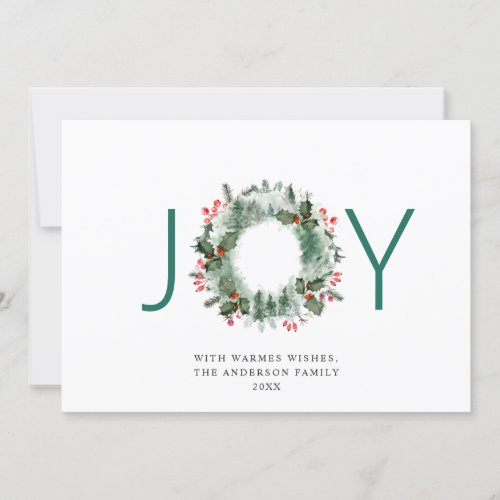 JOY Festive Holly Berry Wreath Christmas Greeting Holiday Card