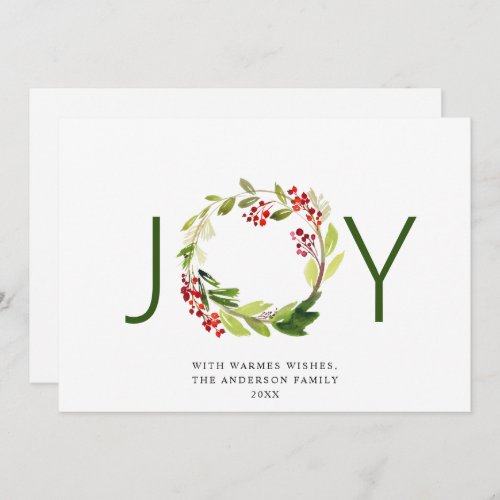 JOY Festive Holly Berry Wreath Christmas Greeting Holiday Card