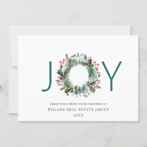 JOY Festive Holly Berry Wreath Christmas Greeting Holiday Card