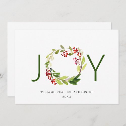 JOY Festive Holly Berry Wreath Christmas Greeting Holiday Card