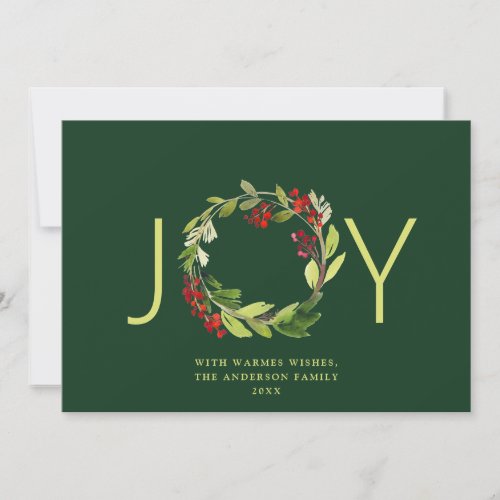 JOY Festive Holly Berry Wreath Christmas Holiday Card