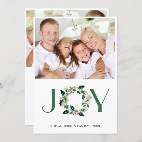 JOY Festive Holly Wreath Christmas PHOTO Greeting Holiday Card