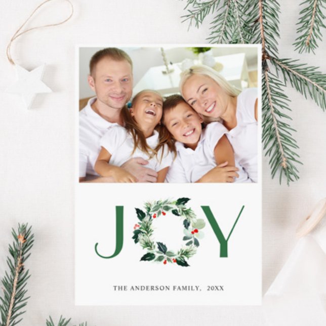 JOY Festive Holly Wreath Christmas PHOTO Greeting Holiday Card (Creator Uploaded)
