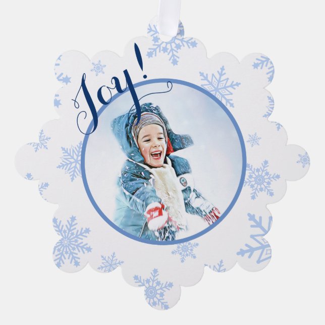Joy! Festive Pale Blue Snowflakes Holiday Photo Ornament Card (Front)