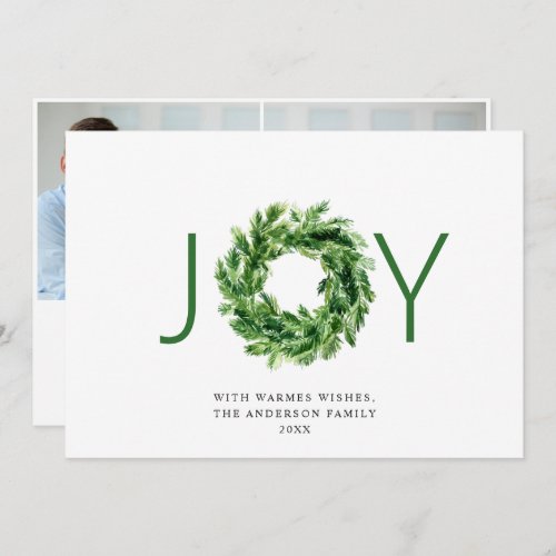 JOY Festive Pine Branch Wreath Christmas 2 Photo Holiday Card