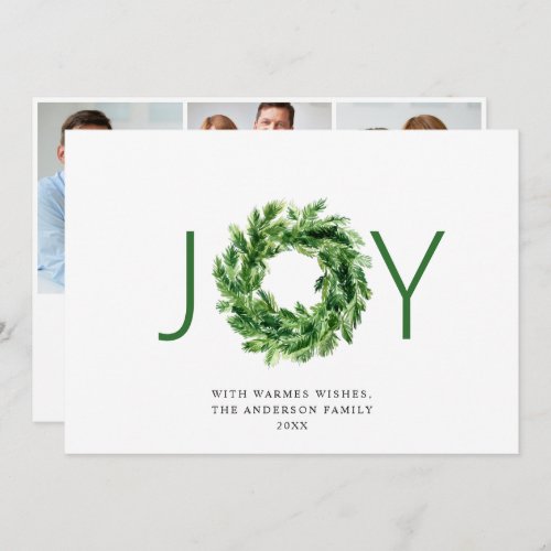 JOY Festive Pine Branch Wreath Christmas 3 Photo Holiday Card