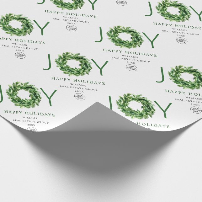 Joy Festive Pine Branch Wreath Holiday Christmas Wrapping Paper (Corner)