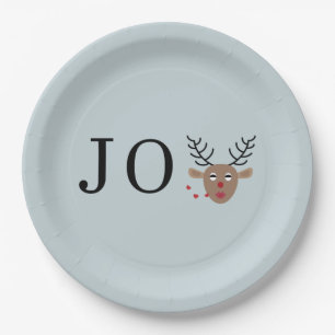 Joy Festive Reindeer Christmas Party Dusty Blue Paper Plates