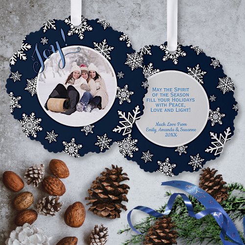 Joy Festive Snowflakes on Navy Blue Holiday Photo Ornament Card