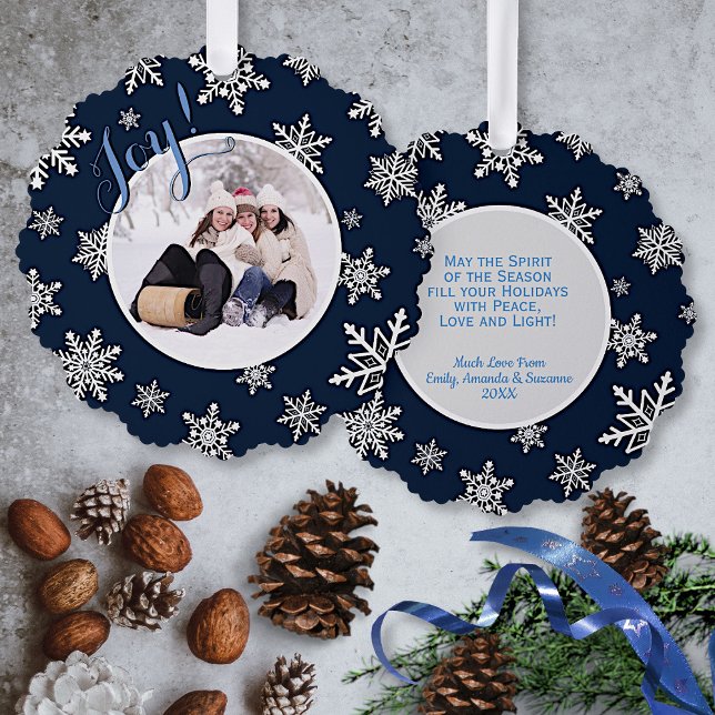 Joy! Festive Snowflakes on Navy Blue Holiday Photo Ornament Card (Front/Back with Decorations)