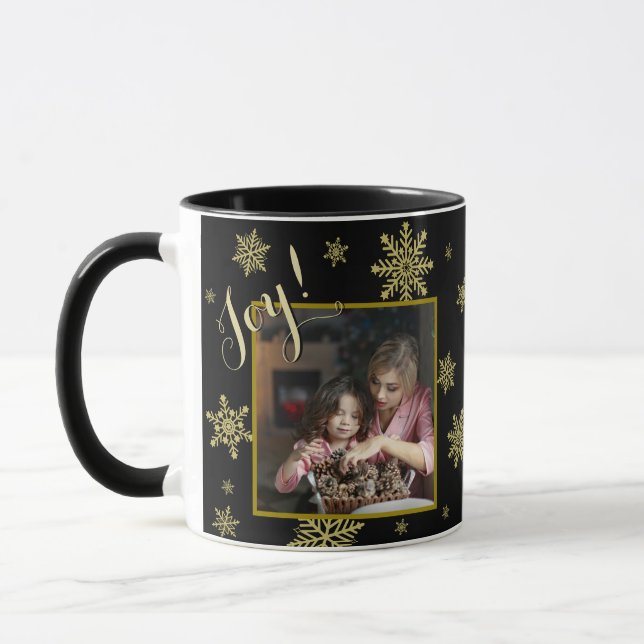Joy! Festive Snowflakes Photo Frame Black & Gold Mug (Left)