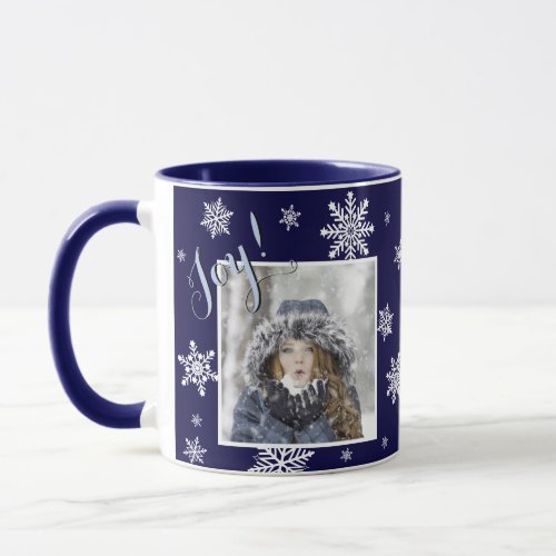 Joy Festive White Snowflake Photo Frame Navy Blue Mug