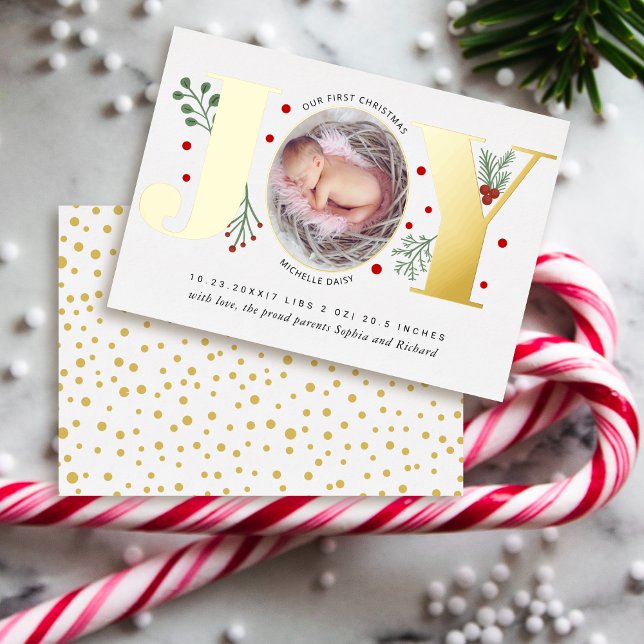 Joy First Christmas baby birth announcement gold (Creator Uploaded)