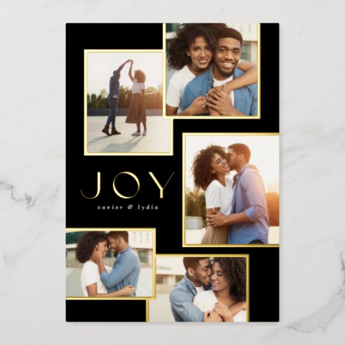 Joy five photo collage gold frames Christmas Foil Holiday Card