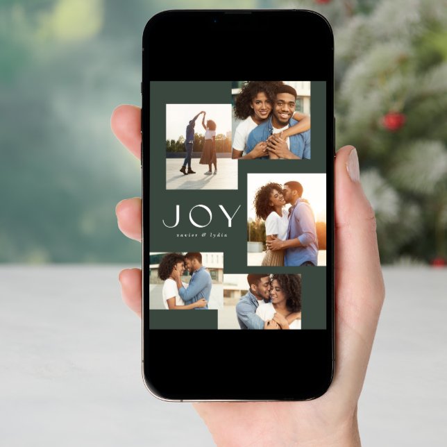 Joy five photo collage modern green Christmas Holiday Card (Front Digital)