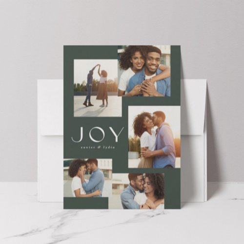 Joy five photo collage modern green Christmas Holiday Card