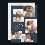 Joy five photo collage modern navy Christmas Holiday Card<br><div class="desc">A modern collage of 5 photos frame a simple type treatment in this stylish holiday card. Great for couples, families - or anyone! - this Christmas design features a rich navy blue background and a variety of photo shapes. The word Joy is in a chic modern font and there's room...</div>