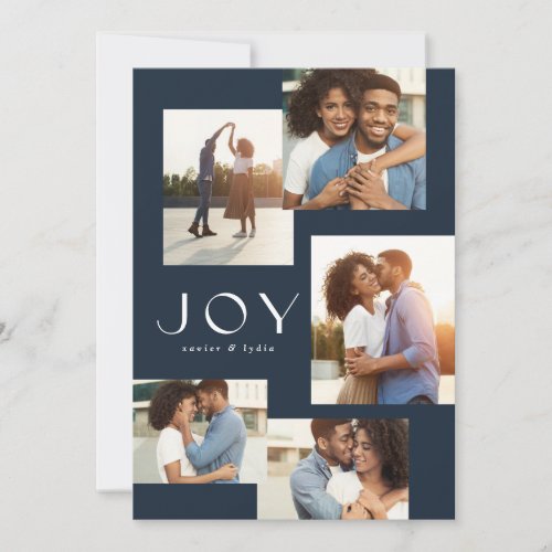 Joy five photo collage modern navy Christmas Holiday Card