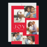 Joy five photo collage modern red Christmas Holiday Card<br><div class="desc">A modern collage of 5 photos frame a simple type treatment in this stylish holiday card. Great for couples, families - or anyone! - this Christmas design features a festive red background and a variety of photo shapes. The word Joy is in a chic modern font and there's room for...</div>
