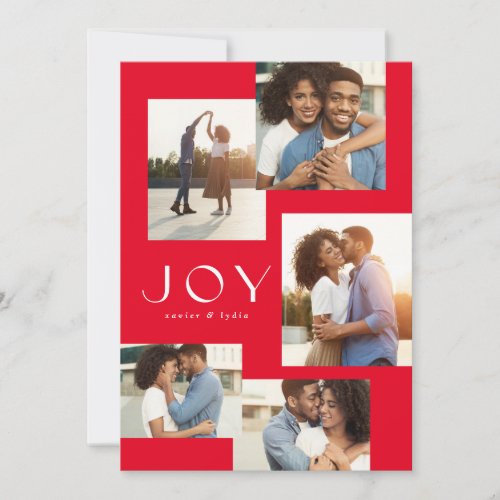 Joy five photo collage modern red Christmas Holiday Card