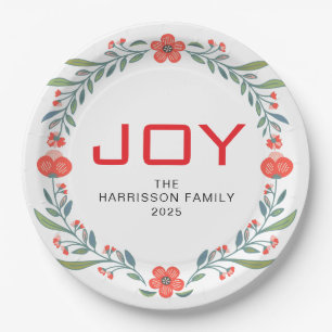Joy Floral Christmas Wreath Family Custom Name Paper Plates
