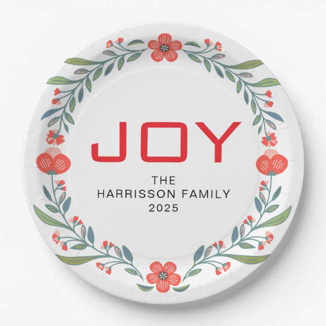 Joy Floral Christmas Wreath Family Custom Name Paper Plates (Front)