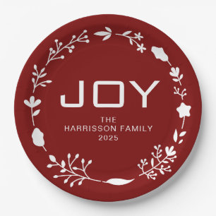 Joy Floral Christmas Wreath Family Custom Name Paper Plates