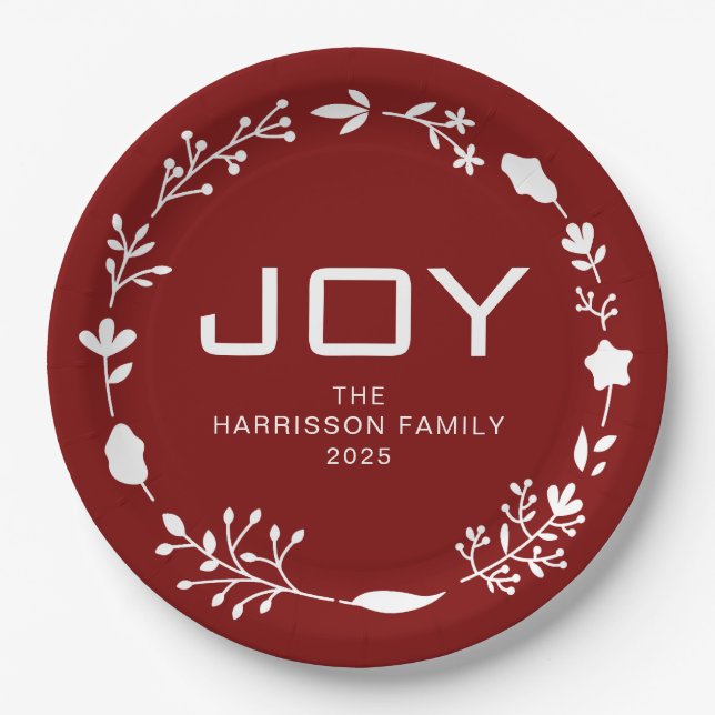 Joy Floral Christmas Wreath Family Custom Name Paper Plates (Front)