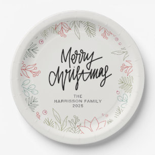 Joy Floral Christmas Wreath Family Custom Name Paper Plates